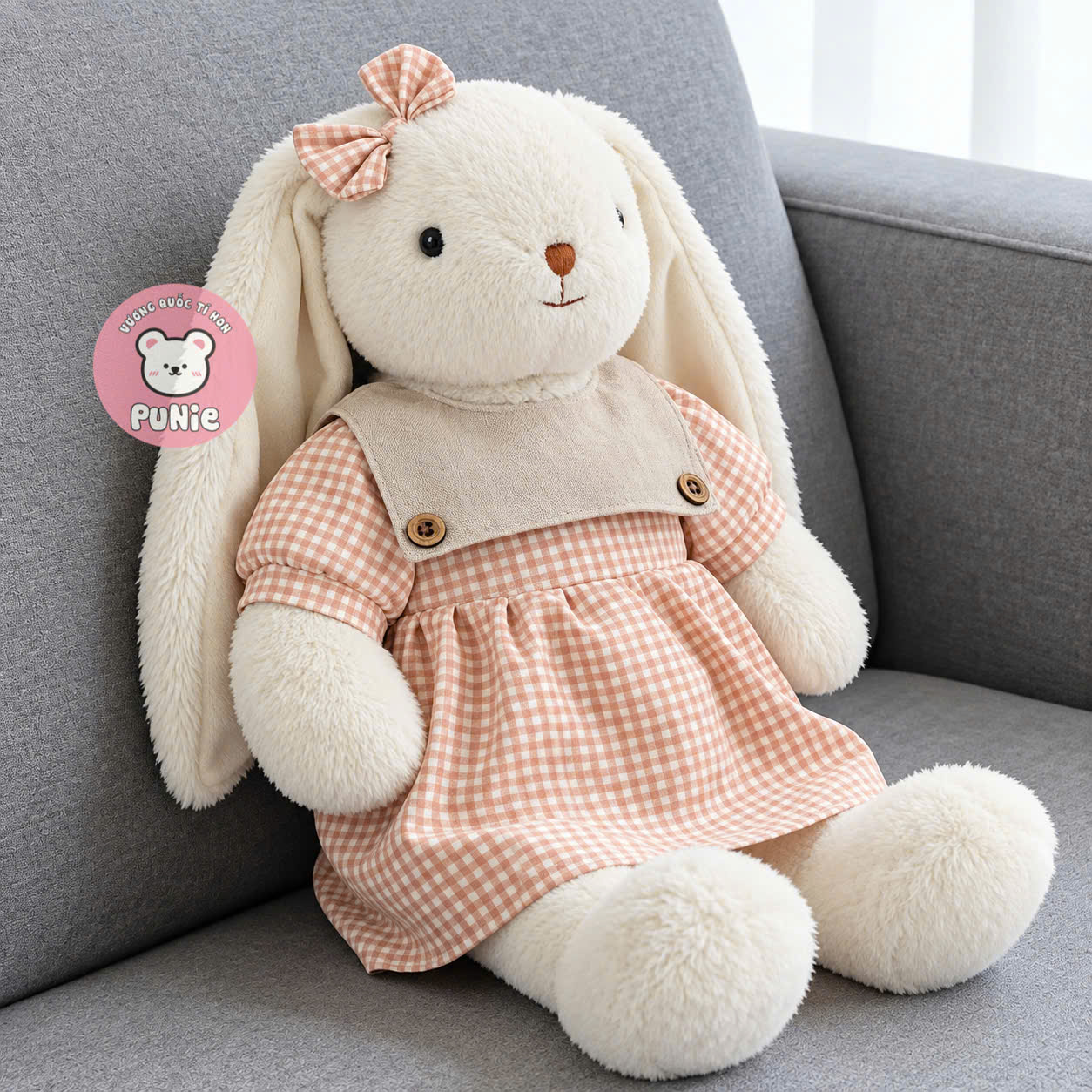 THỎ KEM TAI DÀI VÁY CARO NÚT KEM 50CM