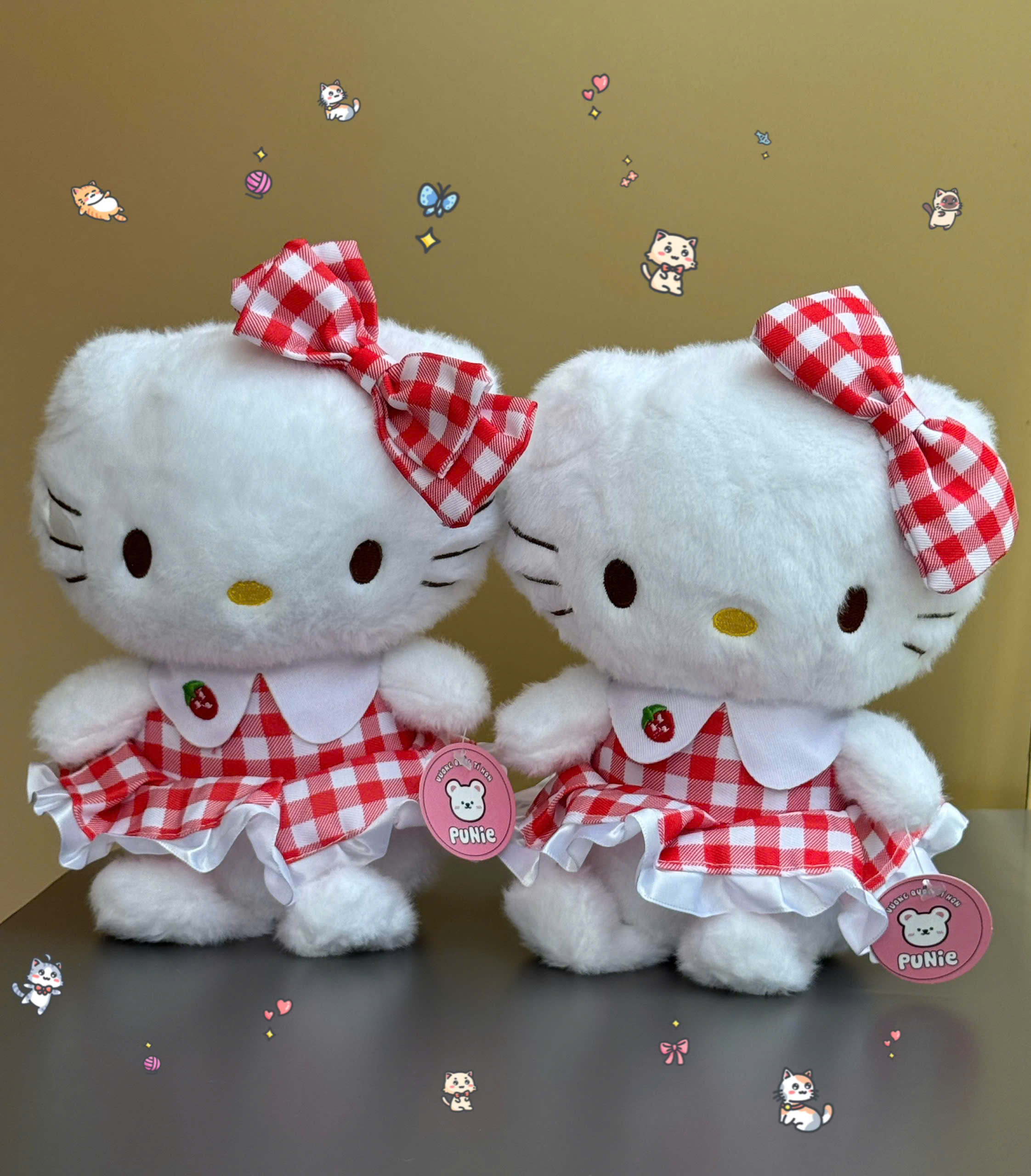 GẤU BÔNG KITTY VÁY KẺ ĐỎ MINI