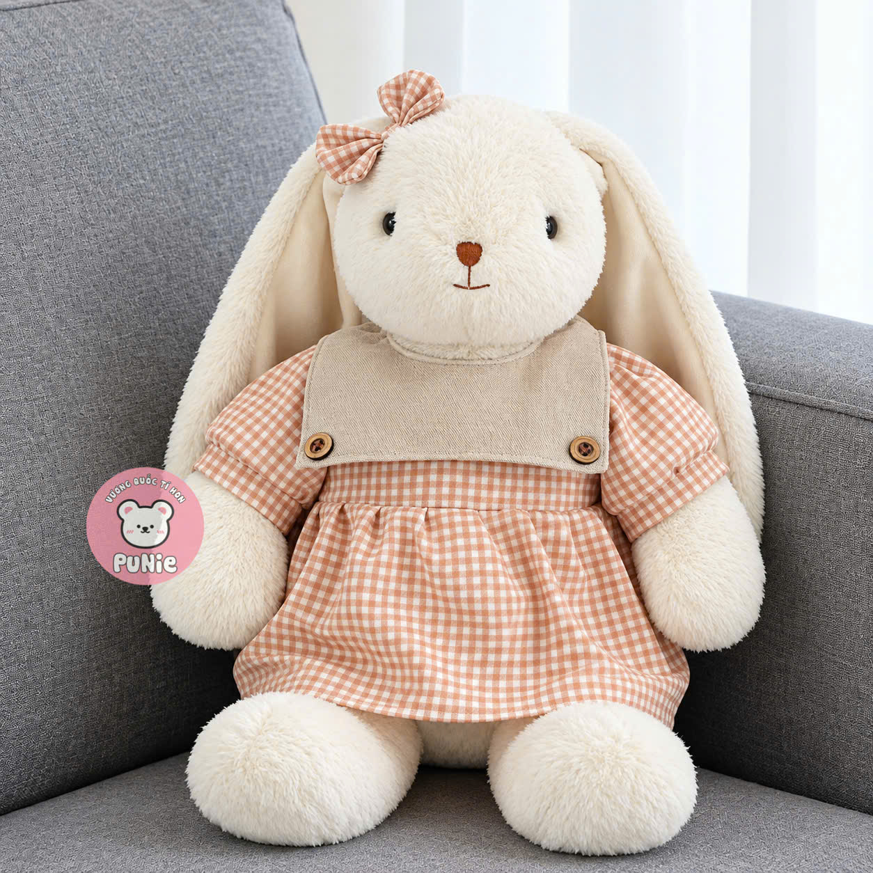 THỎ KEM TAI DÀI VÁY CARO NÚT KEM 40CM QC