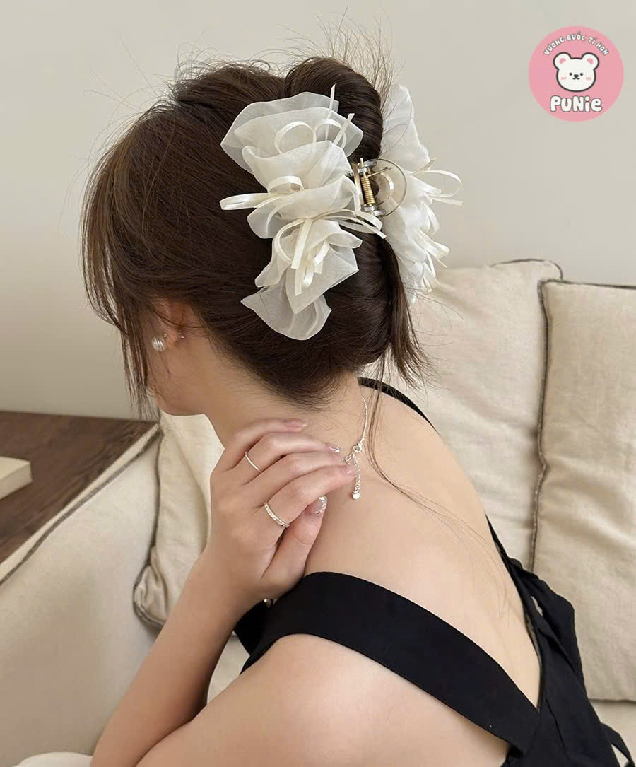 KẸP VẢI PHỒNG TRẮNG ĐEN RUY BĂNG MINI