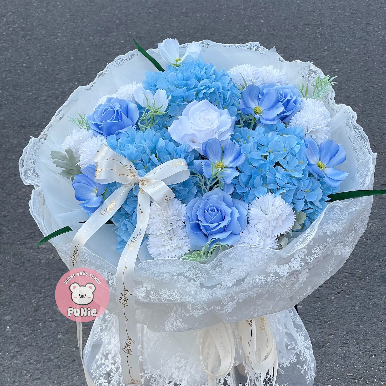 BÓ HOA VẢI REN TÚ CẦU XANH DƯƠNG MIX