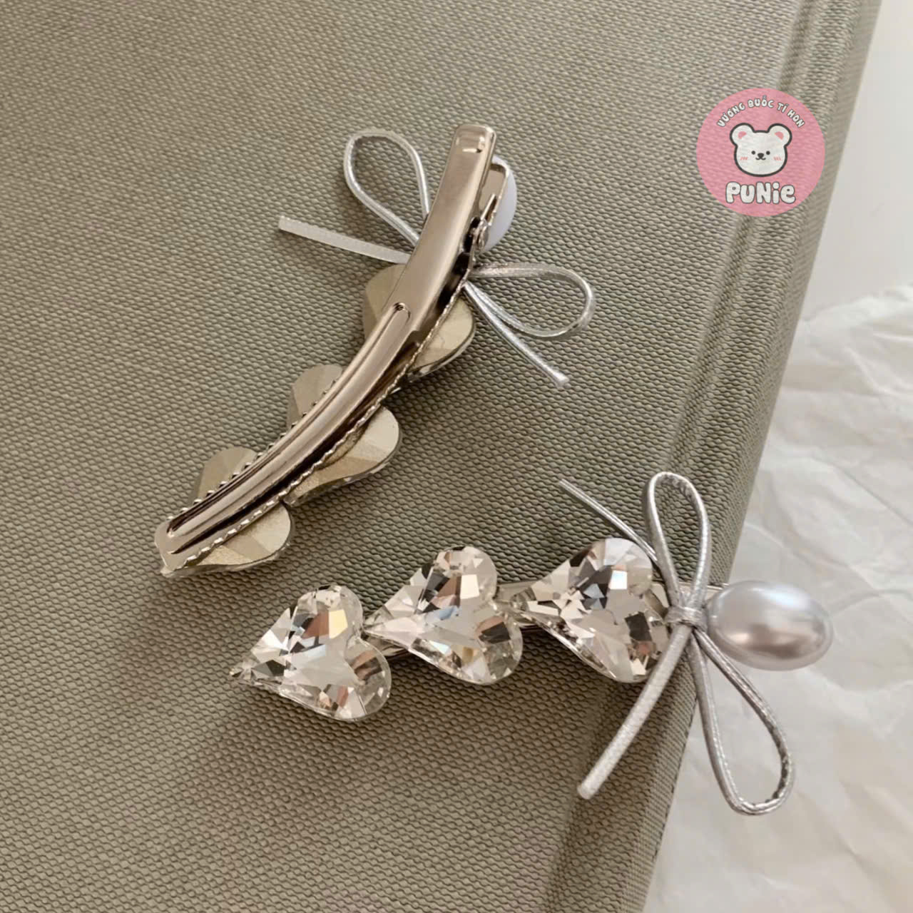 SET 2 KẸP TIM BẠC NƠ NGỌC TRAI