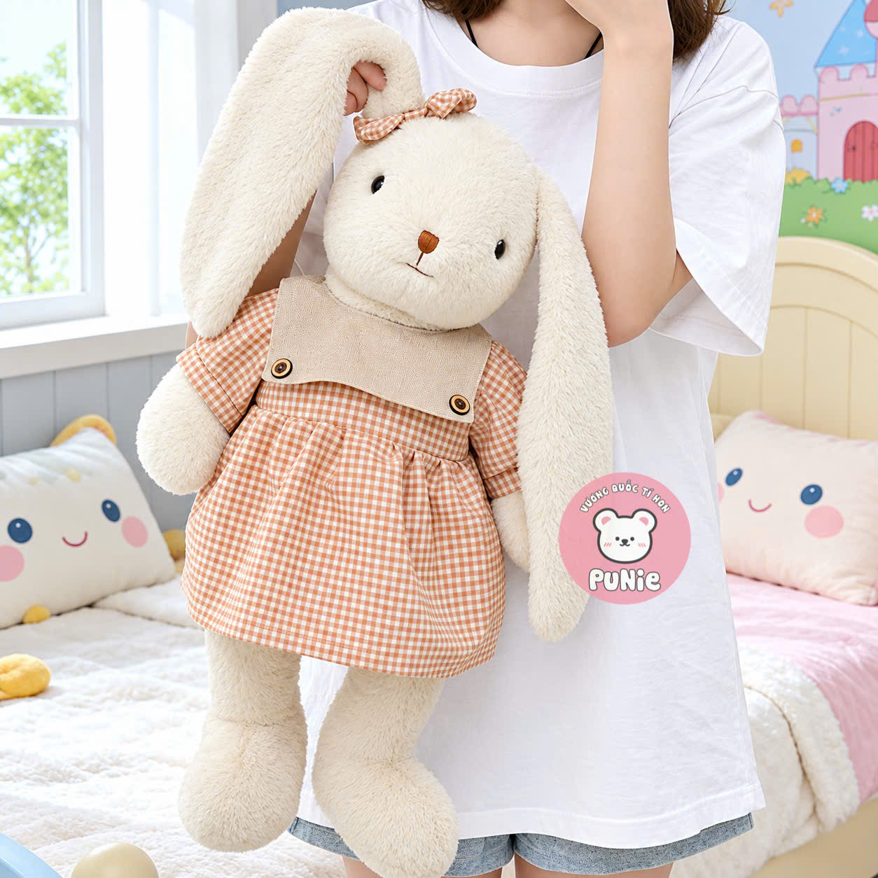THỎ KEM TAI DÀI VÁY CARO NÚT KEM 50CM
