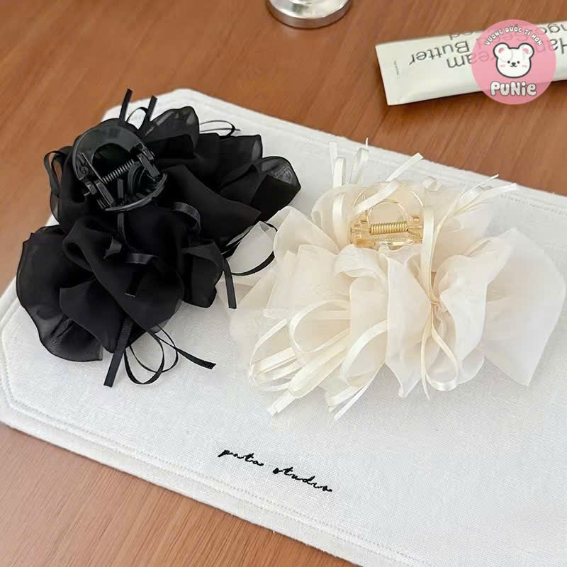 KẸP VẢI PHỒNG TRẮNG ĐEN RUY BĂNG MINI