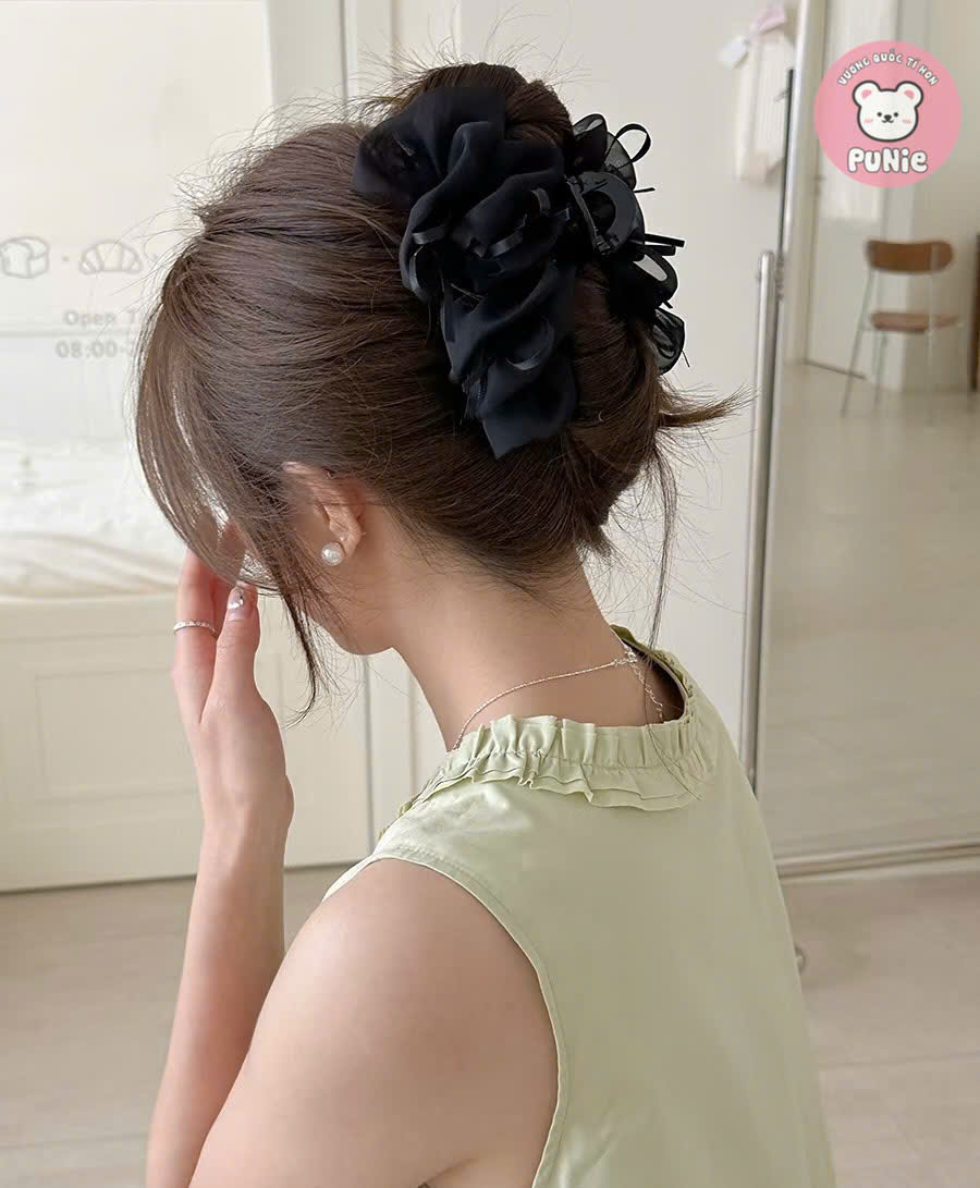 KẸP VẢI PHỒNG TRẮNG ĐEN RUY BĂNG MINI